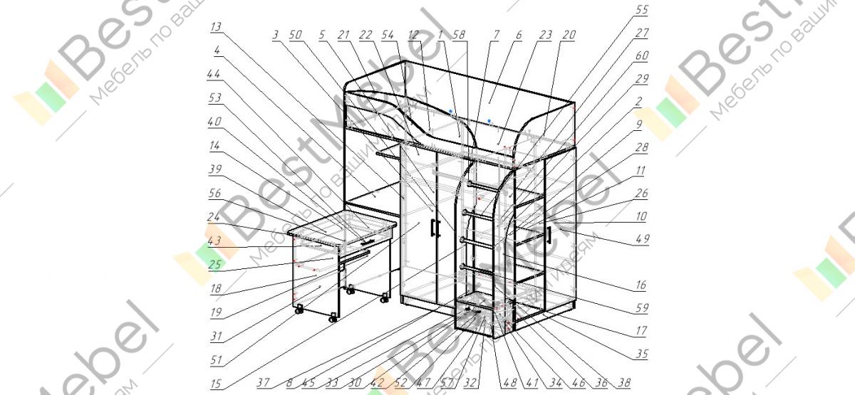 Кровать чердак с рабочей зоной и шкафом схема сборки